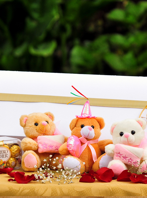 Caja de Rosas con 12 ó 24 Rosas, Chocolates, Trufas y Oso de Peluche